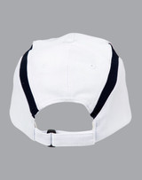 A white cap with navy accents at the back, featuring an adjustable strap and branding.
