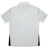 A men's polo shirt in grey with black side panels. Features a collar and short sleeves. Includes a logo on the chest.