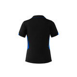 A black polo shirt featuring blue accents and a logo, designed for women.