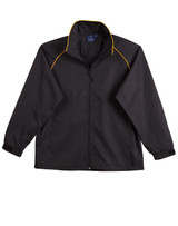 A black track jacket featuring yellow accents and a zip front. It has long sleeves and side pockets.