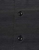 A black button-up shirt featuring a pin dot pattern and two buttons visible on the front. It has a logo.