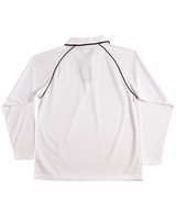A long-sleeve polo shirt in white with contrasting black piping and a logo on the back.