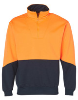 A Hi-Vis long sleeve windcheater collar in bright orange and navy, featuring a zip and a logo.