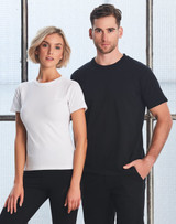 Men's fitted stretch tee in black, paired with a white fitted tee, displayed on two models against a textured backdrop.