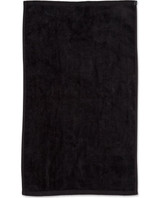 A black golf towel measuring 38 x 65 cm, featuring a brand logo. Soft and absorbent.