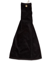 A black golf towel with an eyelet hook, measuring 38 x 65 cm, featuring a hanging loop.