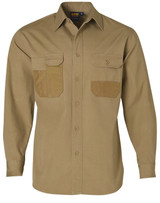 A long sleeve work shirt in khaki with dual chest pockets and a logo. Suitable for workwear.