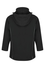 A black jacket with a hood, featuring zip details and a simple design. It has a logo on the garment.
