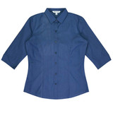 A navy blue button-up shirt with 3/4 sleeves and a fitted design, featuring a logo.