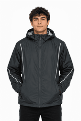 A black men's jacket featuring a hood and reflective stripes, designed for outdoor use. It has a logo on the chest.