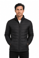 A black men's jacket with a zippered front and side pockets, featuring a puffy design and a logo.