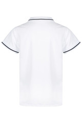 A white polo shirt featuring contrasting trim and a collar. The back view highlights its smooth design and fit.