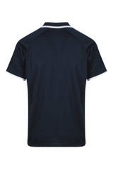 A navy polo shirt featuring a contrasting white trim and a logo on the back.
