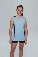 A light blue singlet with black side panels, designed for kids, displayed on a young girl.