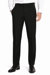 Black flat front men's pants featured with a slim fit and pockets, paired with shiny black shoes.