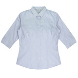 A button-up shirt in light blue and white stripes, featuring a collared neckline and 3/4 sleeves, with a logo.