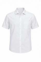 A short sleeve, button-up men's shirt in white with a single chest pocket. The shirt features a logo.
