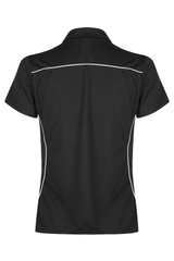 A black polo shirt featuring white accent piping and a collar. It has a logo on the garment.