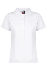 A white polo shirt with a collared neckline and short sleeves, featuring a logo on the label.