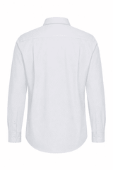 A long-sleeve white button-up shirt featuring a classic design and a simple back view. Includes a logo.