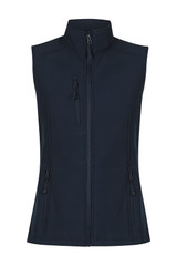 A navy vest with a high collar and multiple zippered pockets, featuring a logo. Ideal for workwear.