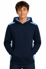 A navy hoodie with light blue accents, featuring a front pocket and a drawstring hood, with a logo on it.