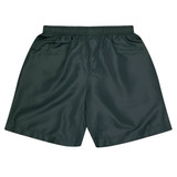 Dark green kids' sports shorts with an elastic waistband and a smooth finish, featuring a logo.