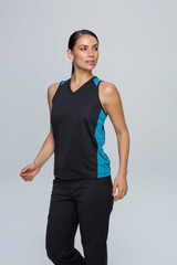 A sleeveless black singlet with teal side panels, featuring a logo on the chest.