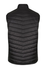 A black men's vest with a quilted design and no sleeves, featuring a logo on the back.