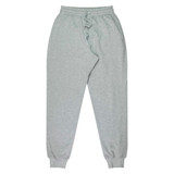 Tapered fleece kids' pants in light grey, featuring an elastic waistband and cuffs, with a small logo.