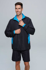 A black men's track top with blue accents, featuring a zip front and a collar, worn with black shorts.
