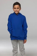 A blue kids hoodie with a front pocket, worn by a young boy standing against a neutral background.