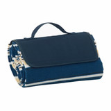 A rolled-up polar fleece picnic rug in blue with a cream and navy striped pattern, featuring a durable carry handle. A rolled-up polar fleece picnic rug in blue with a cream and navy striped pattern, featuring a durable carry handle.