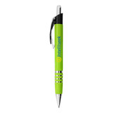 A green metal pen with a chrome tip and clip, featuring a logo on its barrel.