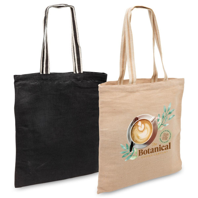 A black jute tote and a natural jute tote featuring a coffee cup design, both with sturdy handles. A black jute tote and a natural jute tote featuring a coffee cup design, both with sturdy handles.