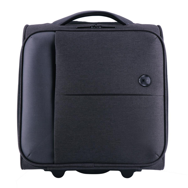 A wheeled underseat luggage in dark grey with a front pocket and a handle. Features a logo on the side. A wheeled underseat luggage in dark grey with a front pocket and a handle. Features a logo on the side.