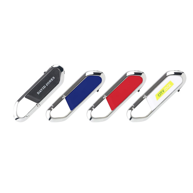 A set of four mini carabiner flash drives in black, blue, red, and white with silver accents and logos.