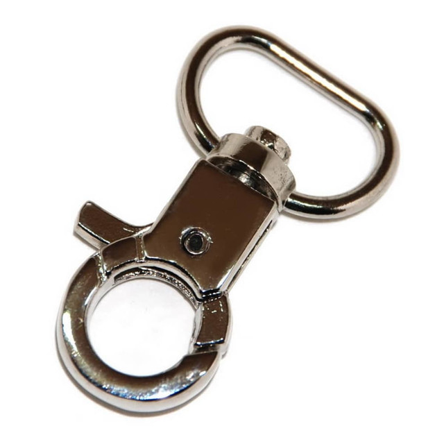 A silver metal clip with a circular attachment and a swivel mechanism. It features a logo on the surface. A silver metal clip with a circular attachment and a swivel mechanism. It features a logo on the surface.