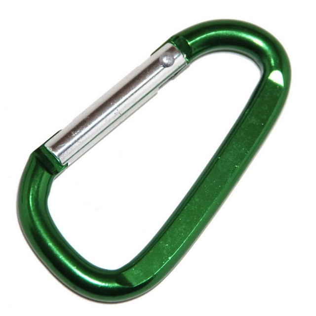 A green aluminium carabiner with a silver metal latch. It has a smooth, shiny finish and a logo. A green aluminium carabiner with a silver metal latch. It has a smooth, shiny finish and a logo.