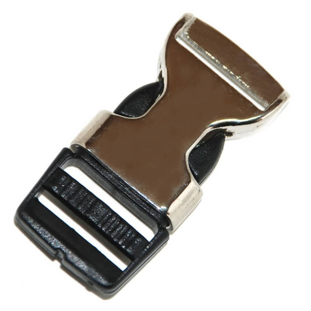 A polished metal connector featuring a shiny silver finish with a black plastic base. A polished metal connector featuring a shiny silver finish with a black plastic base.