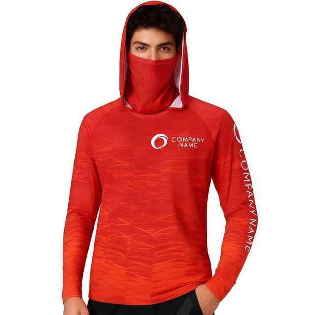 A red polyester spandex hoodie with a hood and face covering, featuring a logo on the chest and sleeve.