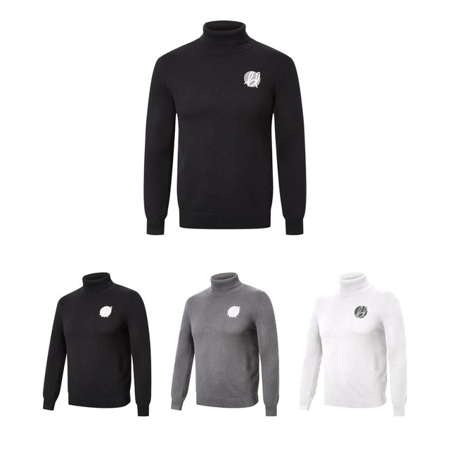Unisex 100% cotton turtleneck sweaters in black, grey, and white with a logo detail on the front.