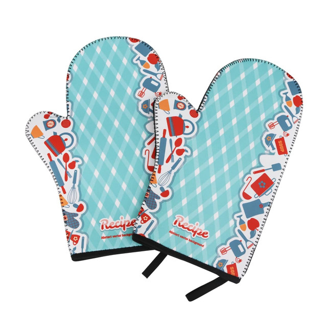 A pair of turquoise neoprene oven mitts with a playful kitchen-themed pattern and a branding logo. A pair of turquoise neoprene oven mitts with a playful kitchen-themed pattern and a branding logo.