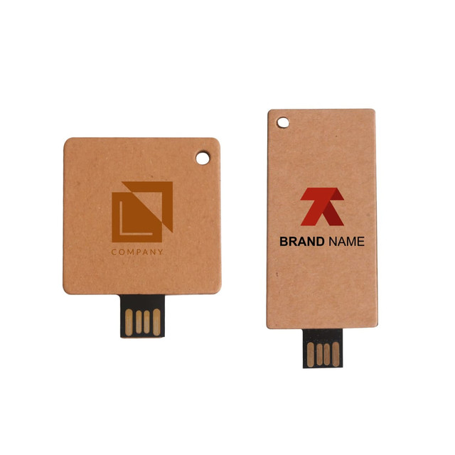 A brown eco-friendly small card flash drive with two sides featuring branding and a USB connector.