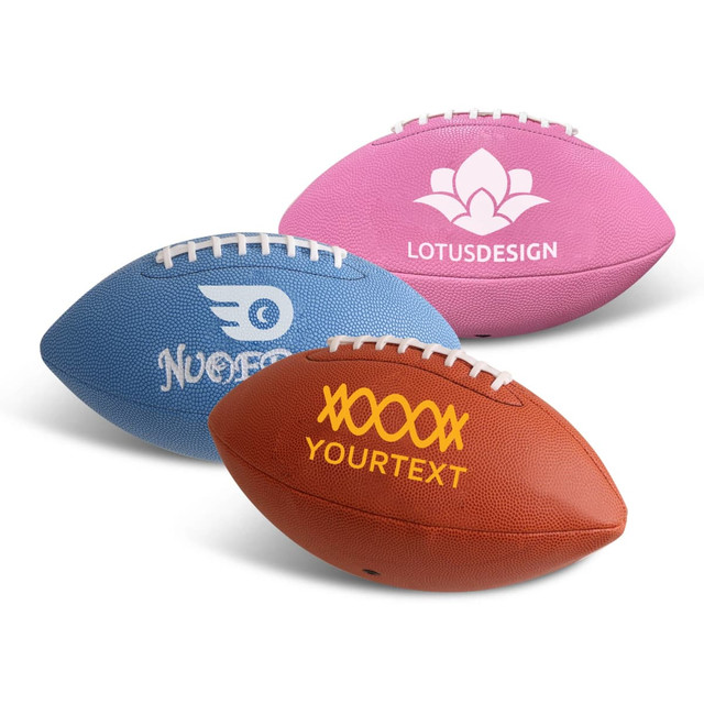 A set of three footballs in blue, pink, and brown, featuring various designs and a logo on each ball.