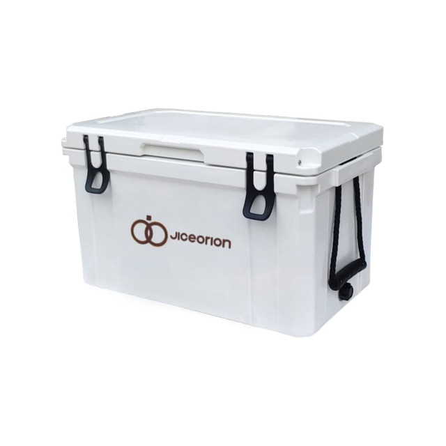 A 45L white cooler box with a lid, featuring a logo and black handles.