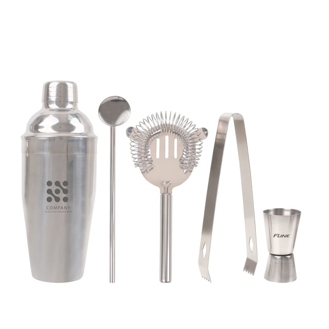 A cocktail tools set featuring a stainless steel shaker, strainer, stirring spoon, tongs, and jigger, all in silver. A cocktail tools set featuring a stainless steel shaker, strainer, stirring spoon, tongs, and jigger, all in silver.