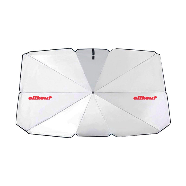 A large, white car shade umbrella with a black and red logo. It has a folding design and multiple panels.