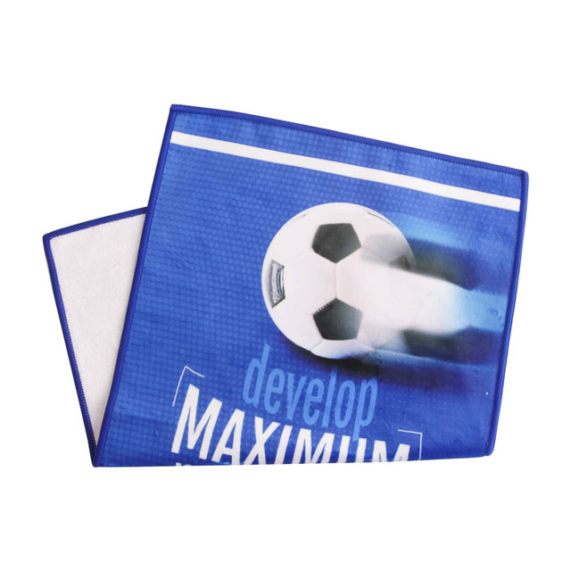 A blue sports towel featuring a soccer ball design and a logo, made for leisure and gym activities.