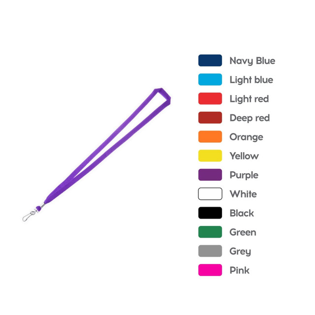 A purple bootlace lanyard with a clasp, accompanied by a colour chart featuring various options. A purple bootlace lanyard with a clasp, accompanied by a colour chart featuring various options.